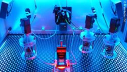 Image: A modern bioreactor under blue and red light, equipped with pumps, tubes, and sensors on a plate; copyright: Fraunhofer ISC 